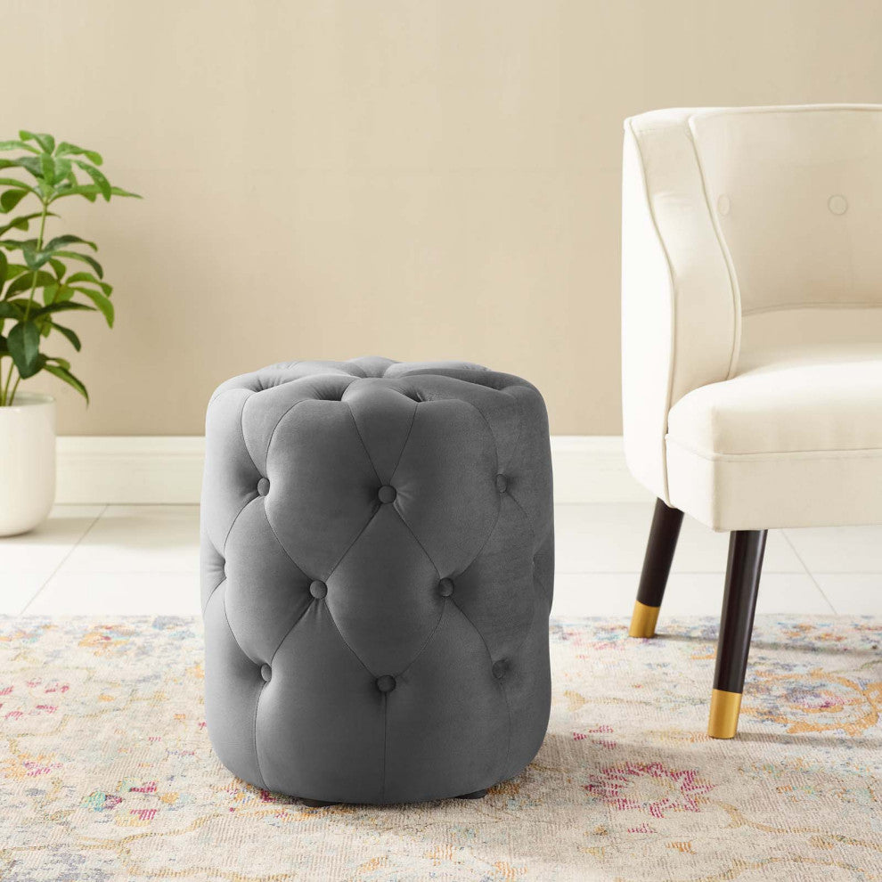 Tufted Accent Chair Ottoman, Round, Velvet, Gray, Modern, Lounge