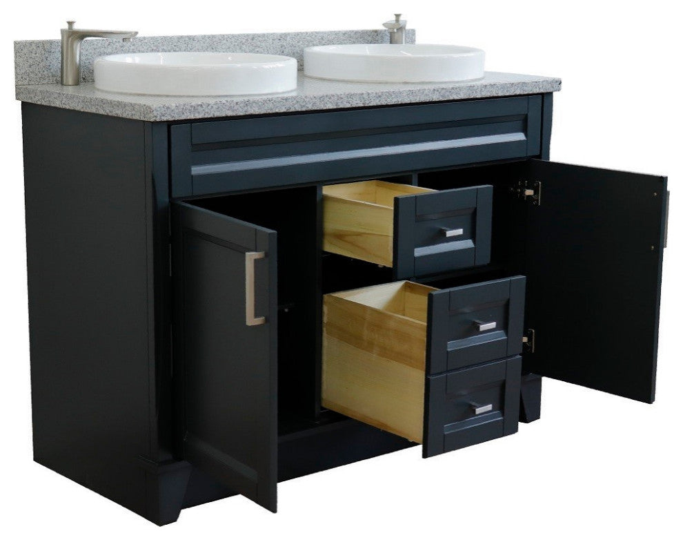 48" Double Sink Vanity, Dark Gray Finish With Gray Granite And Round Sink