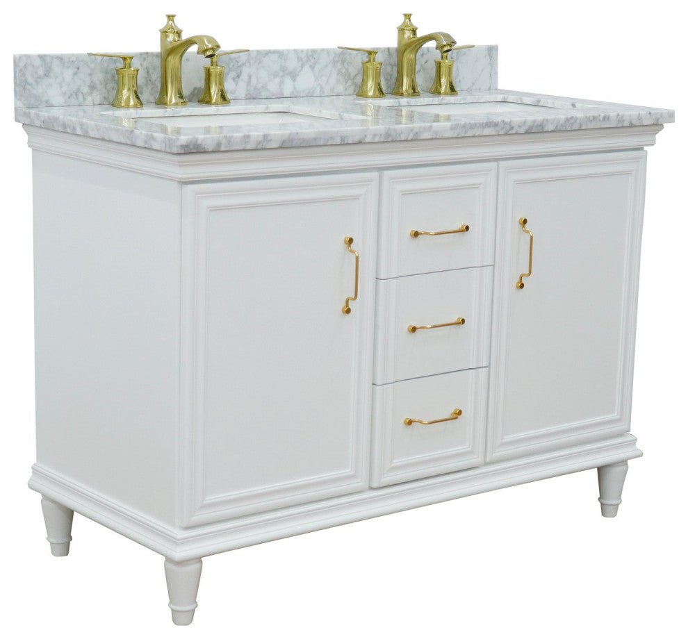 49" Double Vanity, White Finish With White Carrara And Rectangle Sink