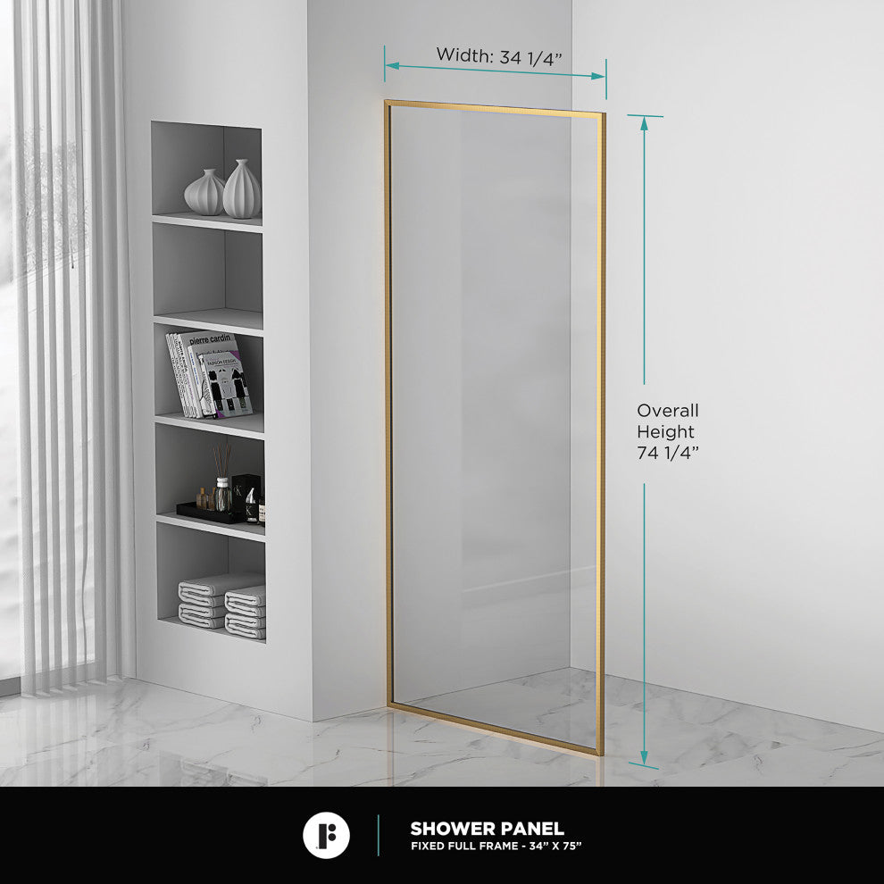 Single Fixed Glass Shower Panel - Clear Tempered Full Frame Shower Glass Door, Satin Brass, 34"