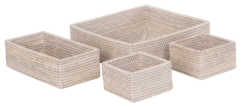 La Jolla Rattan 4-Piece Nesting Desk, Shelf, Cabinet Tray Organizer, White-Wash