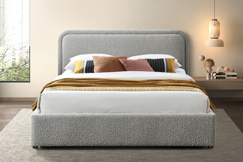 Omax Decor Chloe Modern Fabric Upholstered Platform Bed, Grey Boucle, Queen