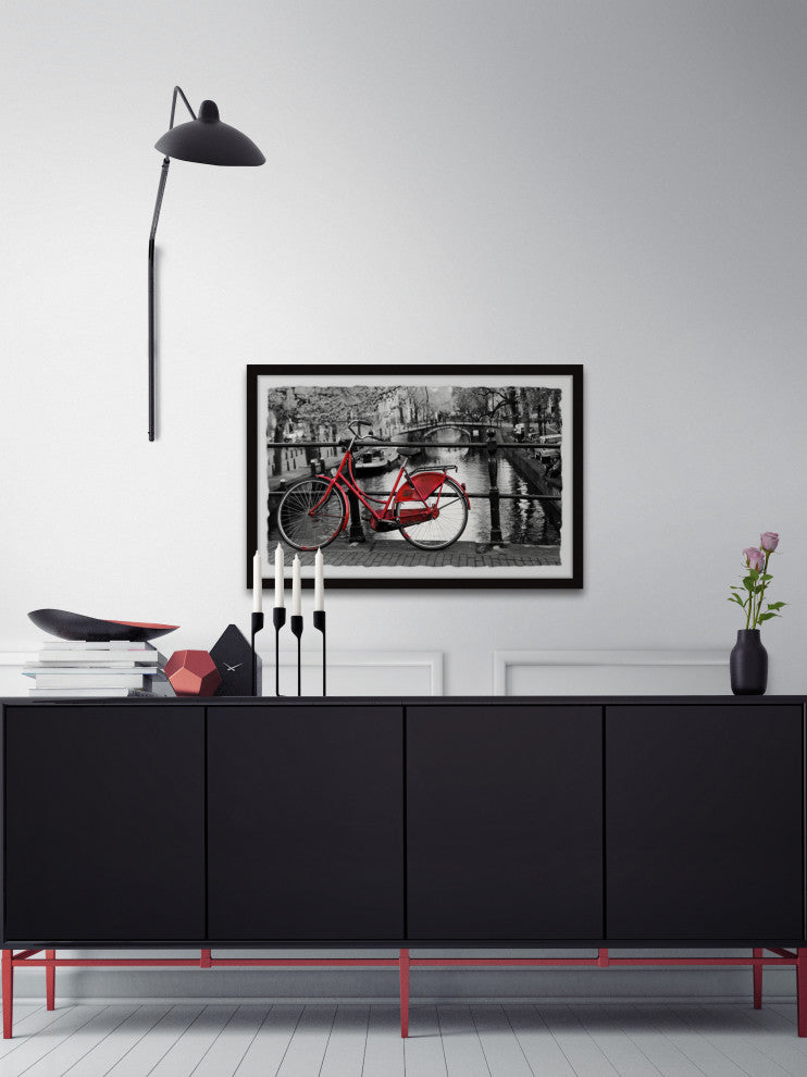 "Red Bicycle on the Bridge" Framed Painting Print, 24x16