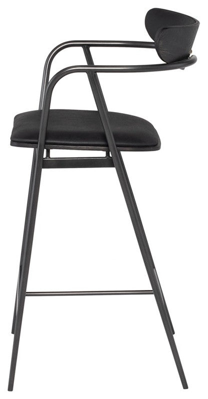 Leather Counter Stool Black Steel Oak Wood Modern Stool, Raven