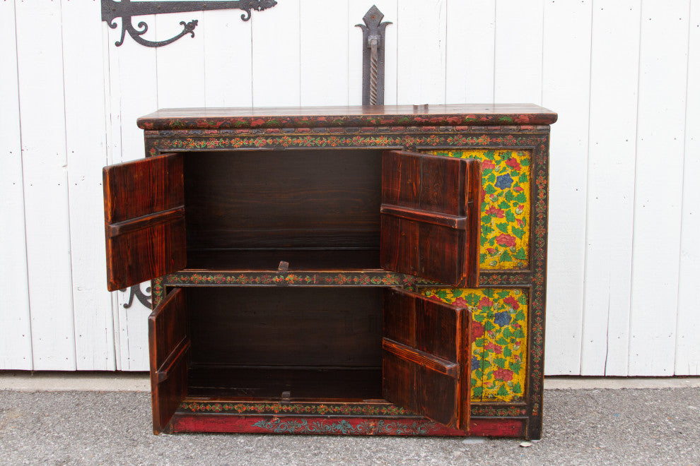 Antique Painted Floral Tibetan Cabinet