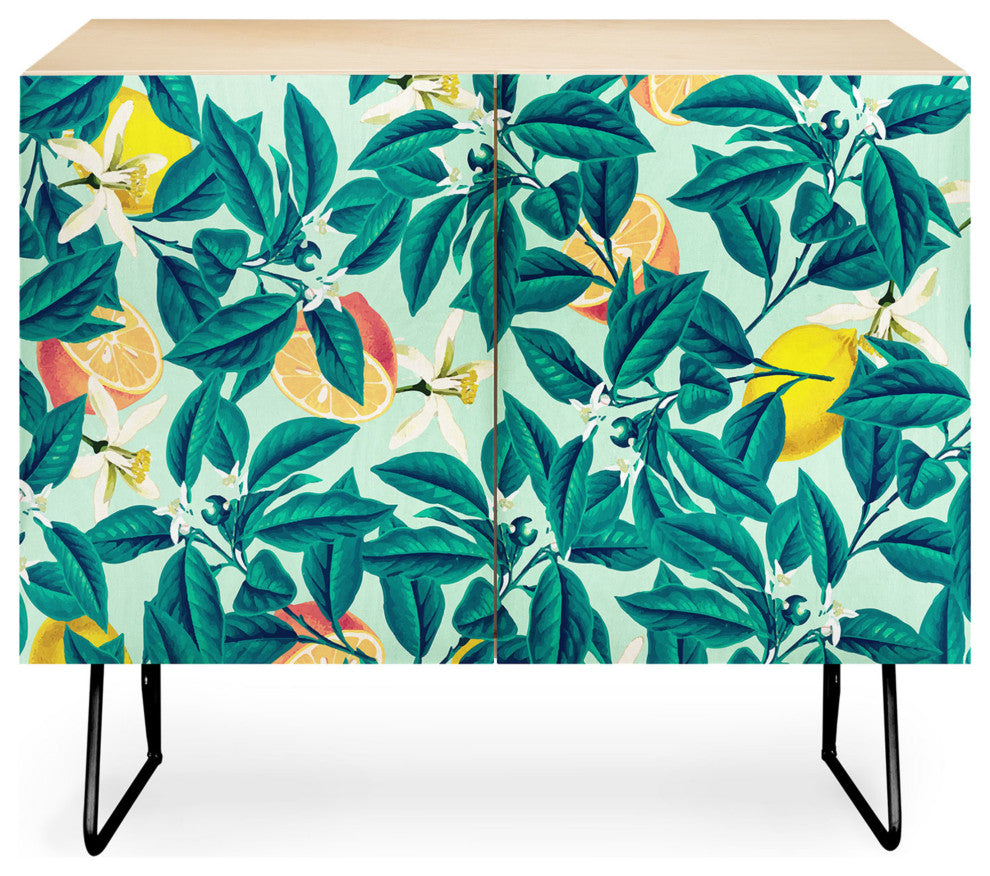 Deny Designs Lemon Pattern Credenza, Birch, Black Steel Legs