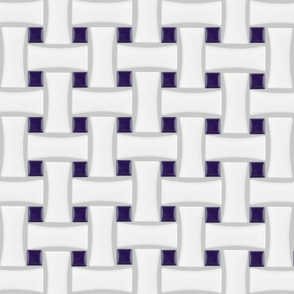 Metro Dog Bone Basketweave White w/Cobalt Dot Porcelain Floor and Wall Tile