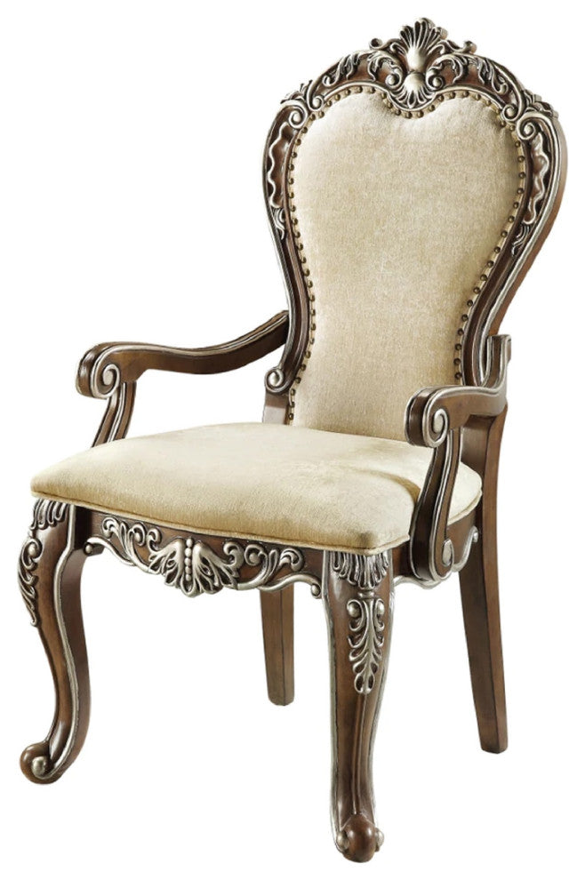Benzara BM275732 Classic Upholstered Armchair, Scrolled Details, Nailhead, Brown
