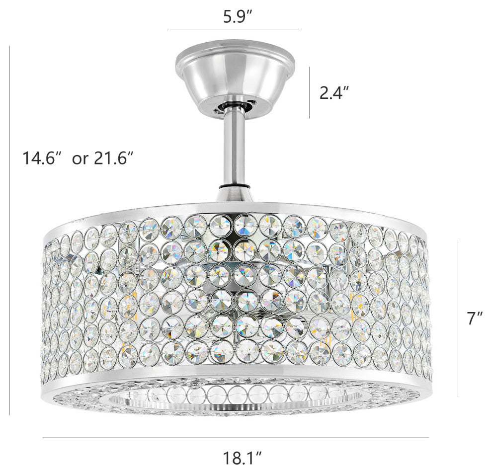 18" Caged Crystal Ceiling Fan with Light Kit and Remote Control, Chrome