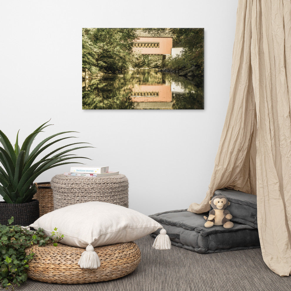 The Reflection of Wooddale Covered Bridge Aged Canvas Wall Art Print, 24" X 36"