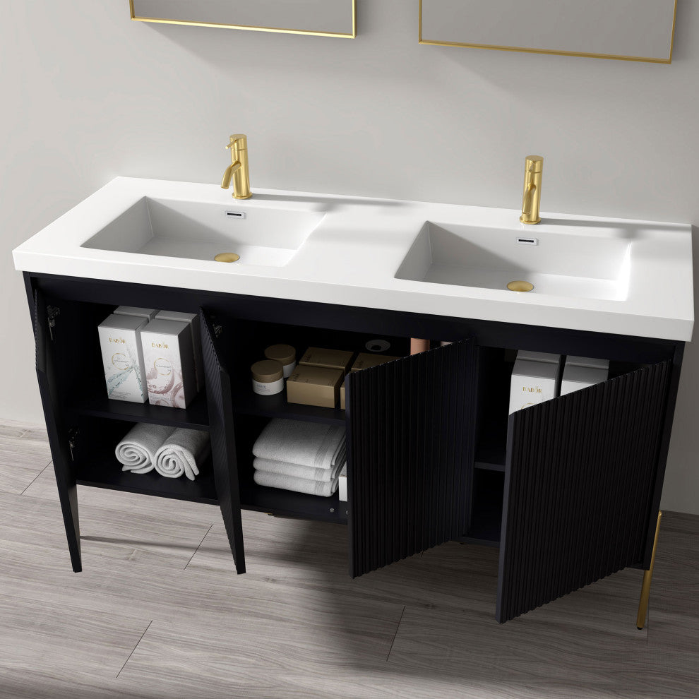 Flutie 60" Bathroom Vanity Kit, Charcoal, Double White Sink