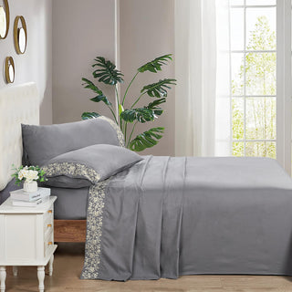 Serenta Lei Embroidered 4 Piece Bed Sheet Set, Silver Gray, Queen