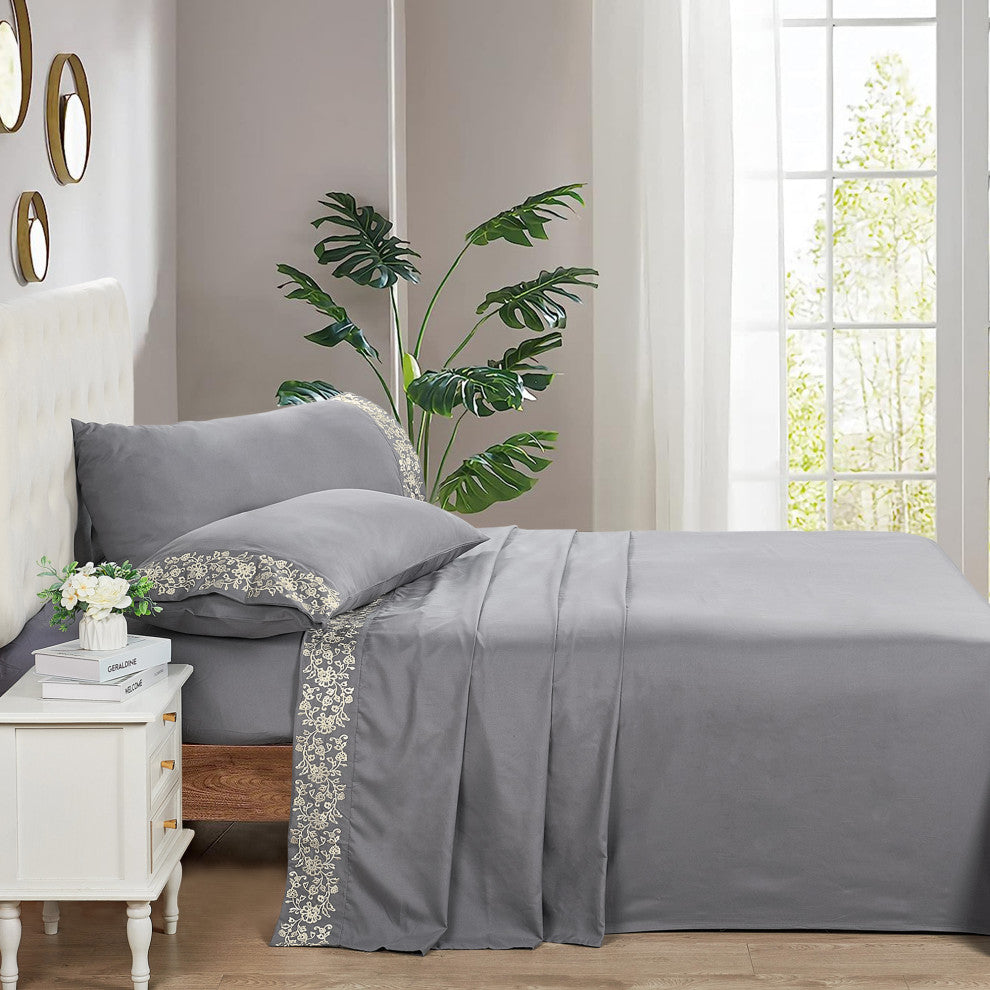 Serenta Lei Embroidered 4 Piece Bed Sheet Set, Silver Gray, Queen