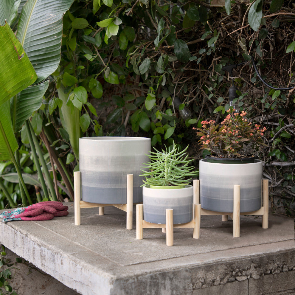 8" Ceramic Planter With Wood Stand, Beige Mix