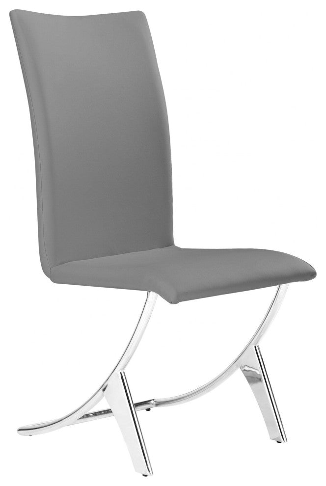 Set of Two Contempo Slim Gray Faux Leather and Stainless Dining Chairs