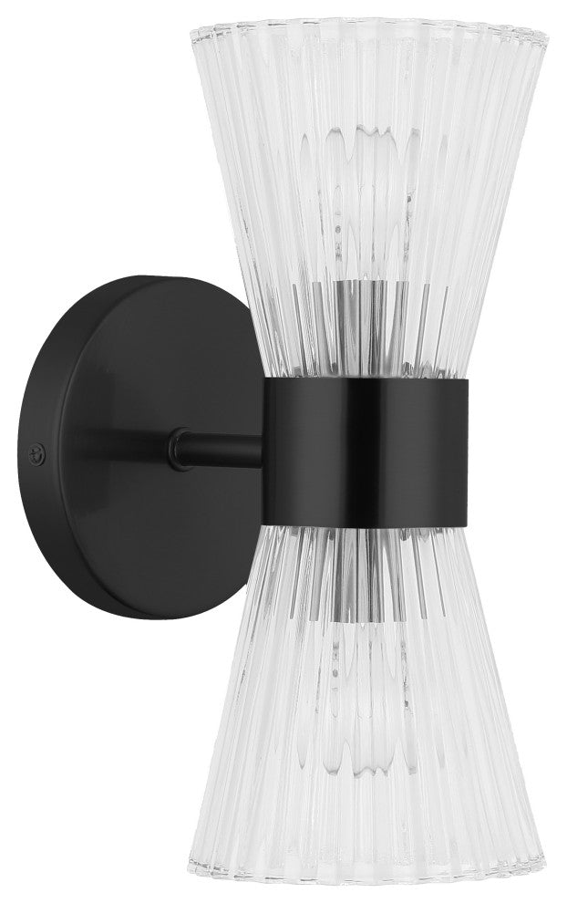 Vienna 2 Light Vanity, Matte Black, Clear Ribbed Glass