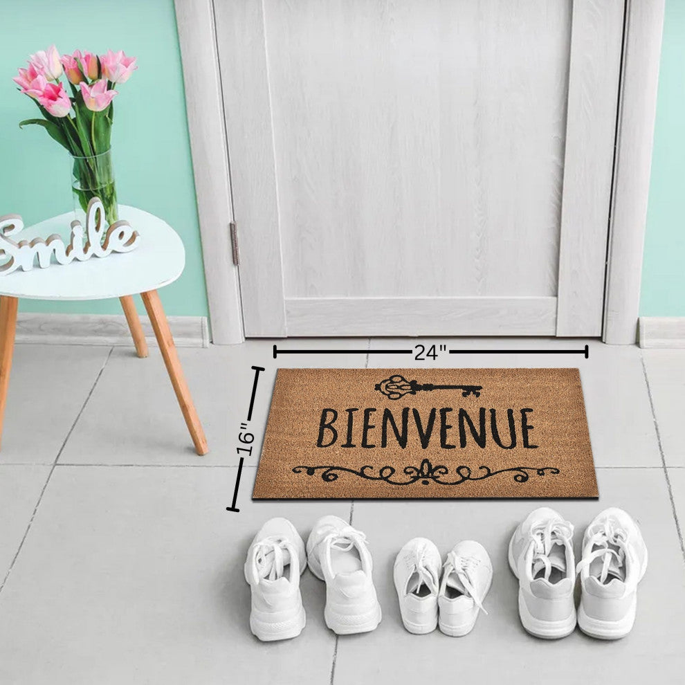 Sheltered Front Door Mat Coir Coco Fibers Rug 24x16, Bienvenue