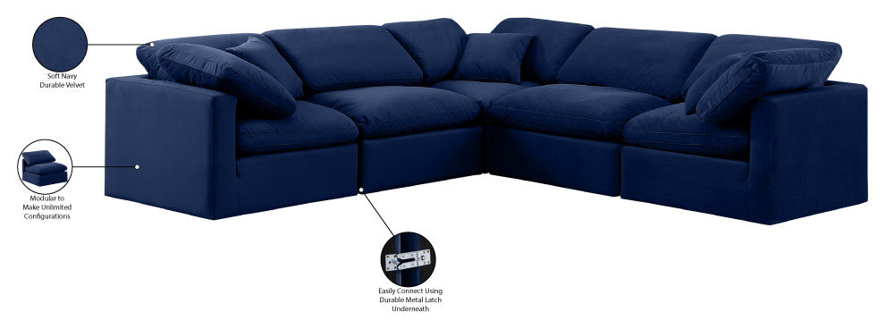 Indulge Upholstered Modular L-Shaped Sectional, Navy, 5-Piece: 2 Armless Chair, 3 Corner Chair, Down Stuffed Velvet