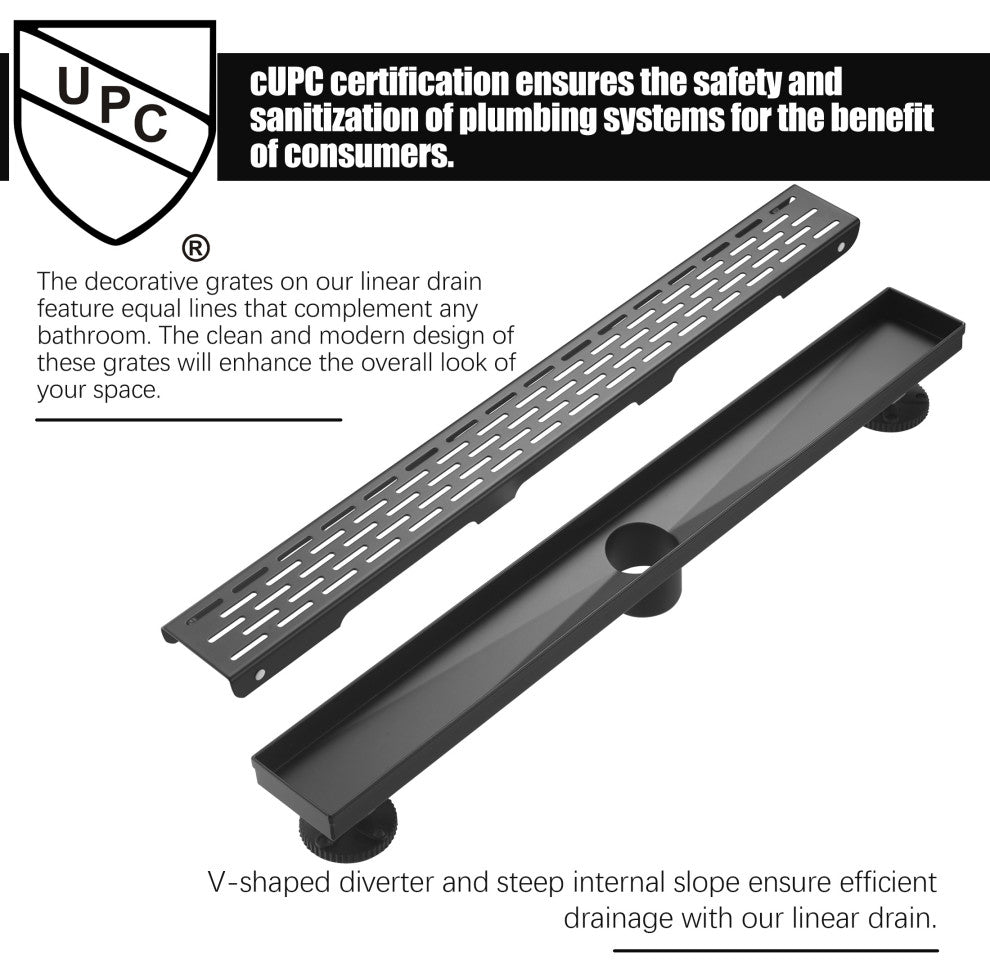 Linear Floor Drain with Removable Decorative Cover UPC certified, Matt Black, 24"