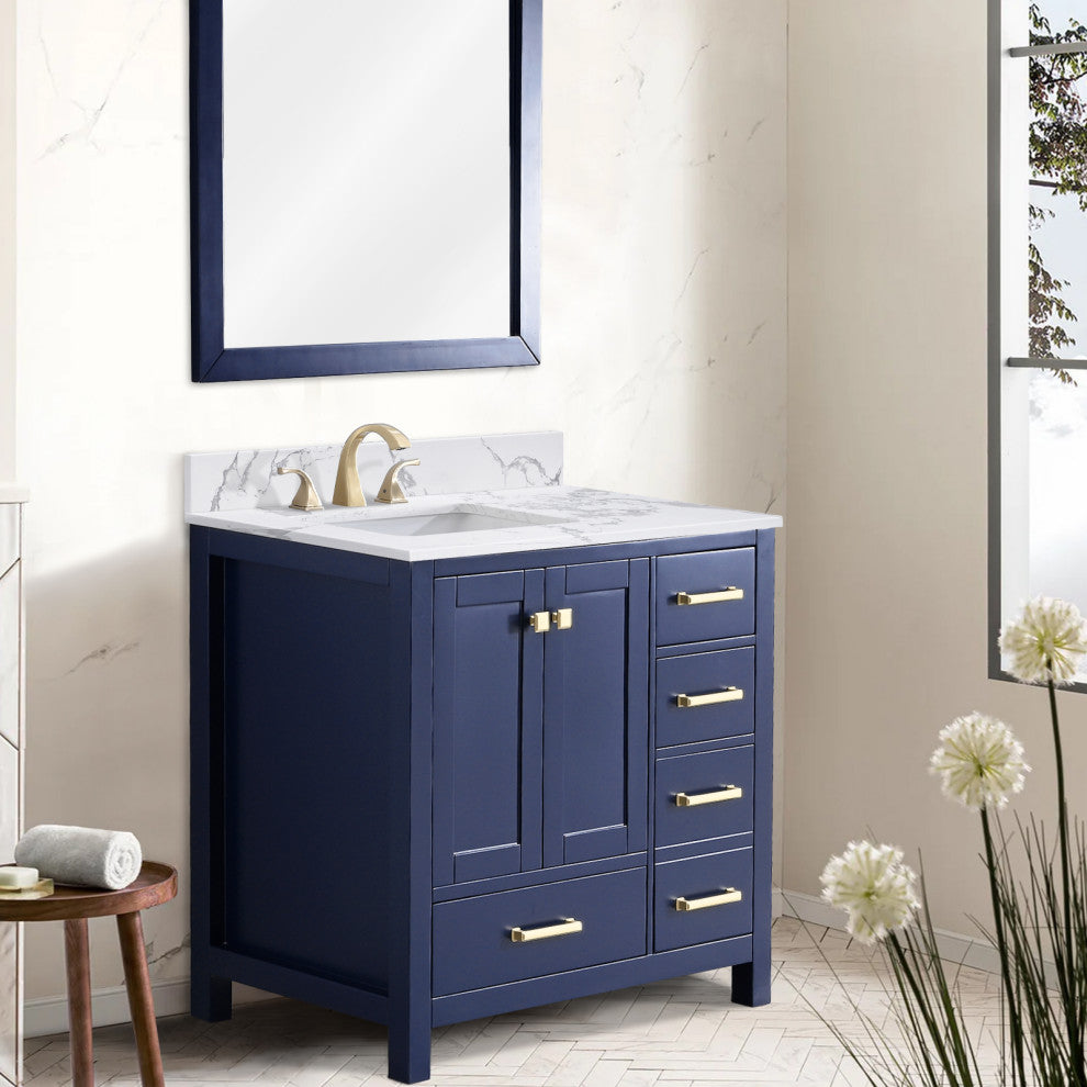 36" W Freestanding Bath Vanity, Navy Blue with Fish Belly Engineered Top