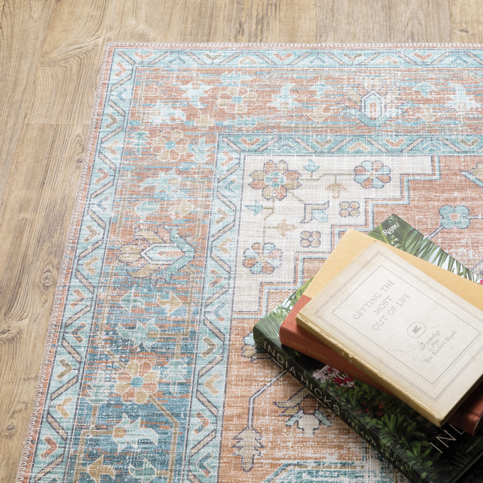 Mayson Traditional Medallion Border Rust/Blue Flat Weave Area Rug, 8'9"x12'