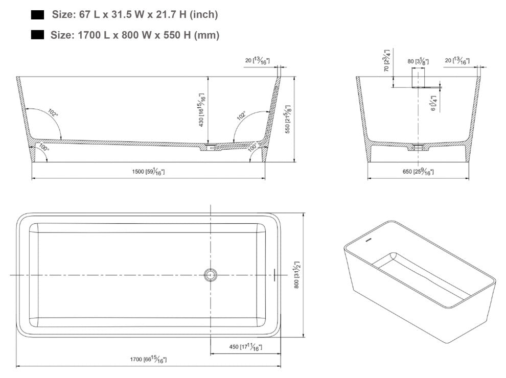 Vanity Art Solid Surface Resin Stone Freestanding Bathtub, Matte White, 67 in. X 32 in.