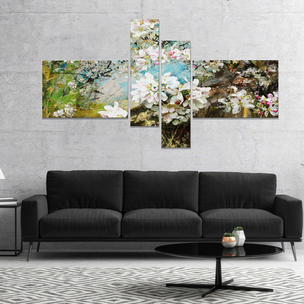 Apple Blossoms With White Flowers, Floral Art Canvas Print, 60"x32", 4 panels