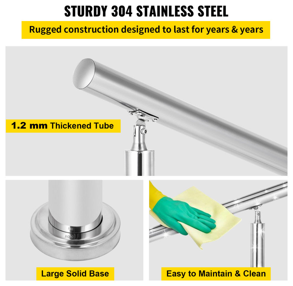 Stainless Steel Handrail Silver Outdoor Stair Railing, 39.4in/100cm