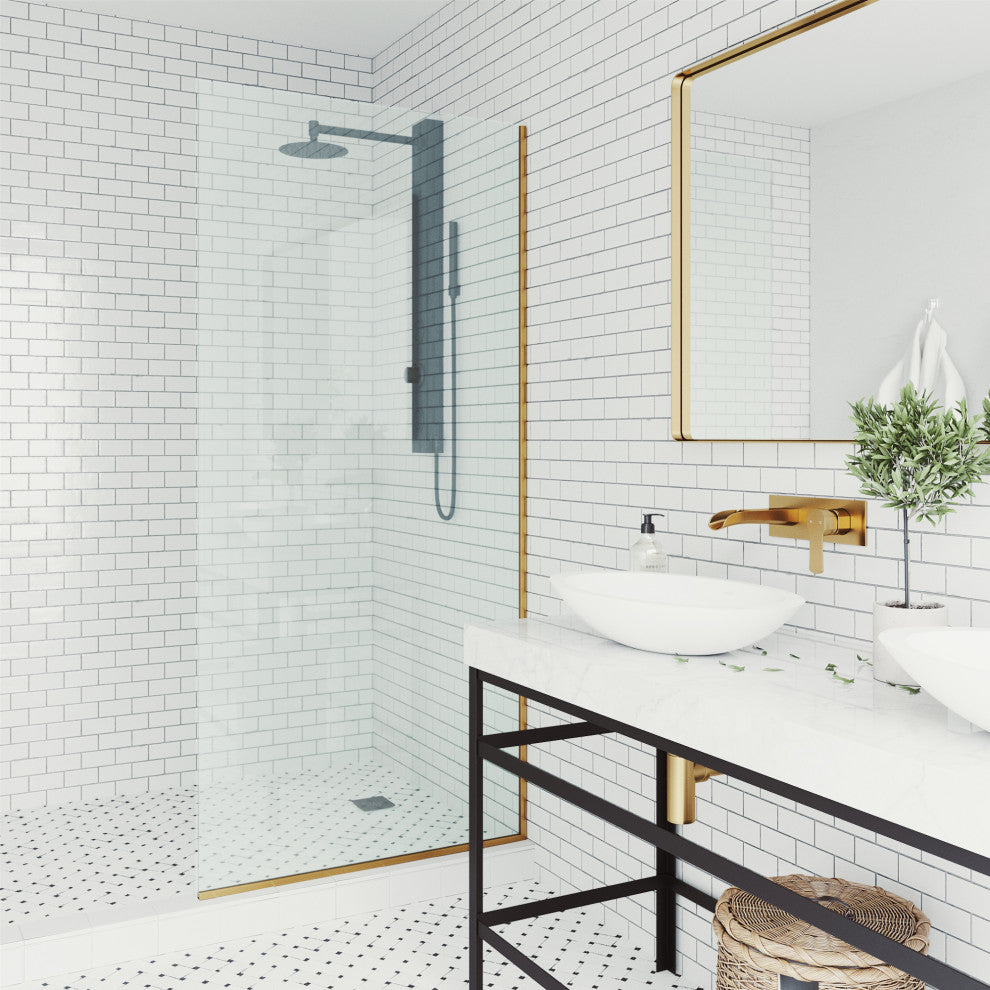 VIGO Zenith Frameless Fixed, Matte Gold, Shower Screen, 34" W X 74" H, Clear Glass