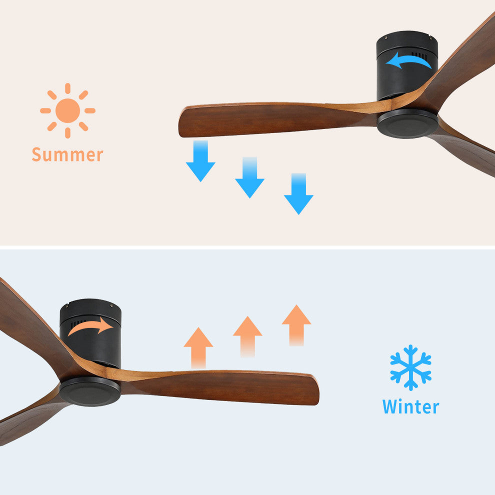 52" Solid Wood Ceiling Fan and Remote Control Reversible Blades, Matte Blck