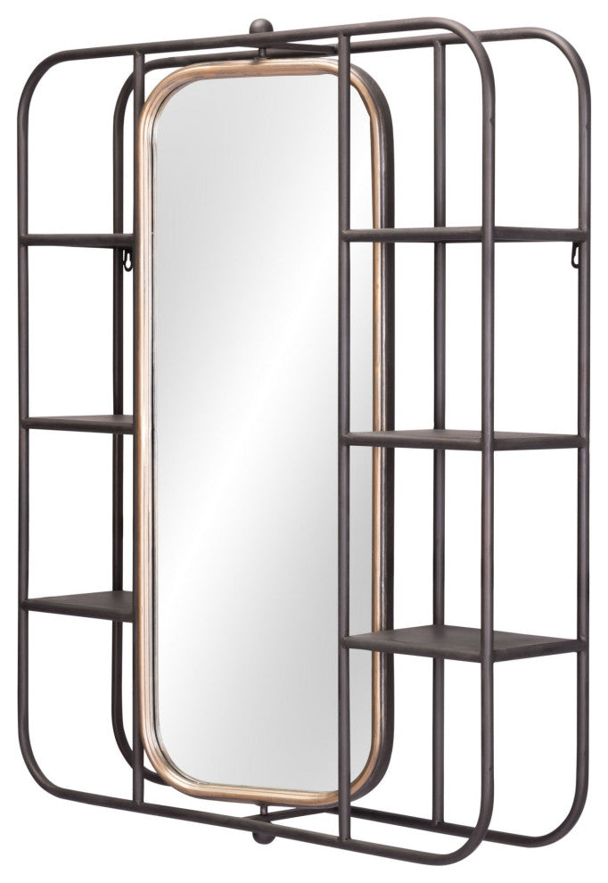 Frame Wall Mirror, Rectangular, Glass, Steel Metal, Gray, Bedroom Living
