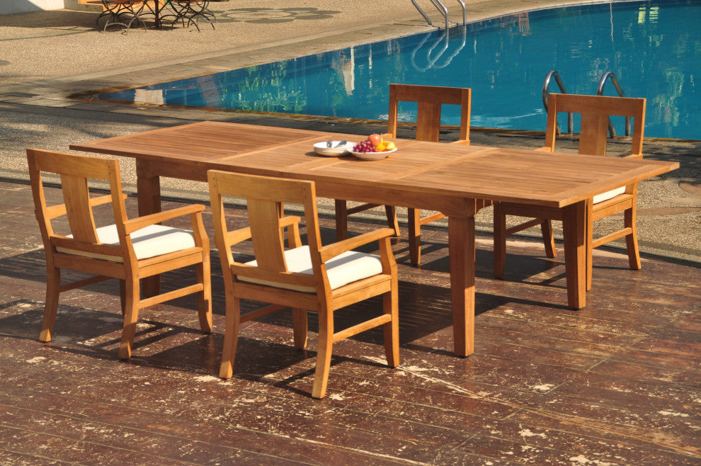 5-Piece Outdoor Teak Dining Set: 122" Extn Rectangle Table, 4 Osbo Arm Chairs