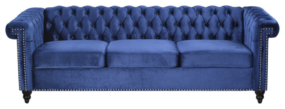 Spencer Tufted Chesterfield Velvet 3-Seater Sofa, Midnight Blue/Dark Brown