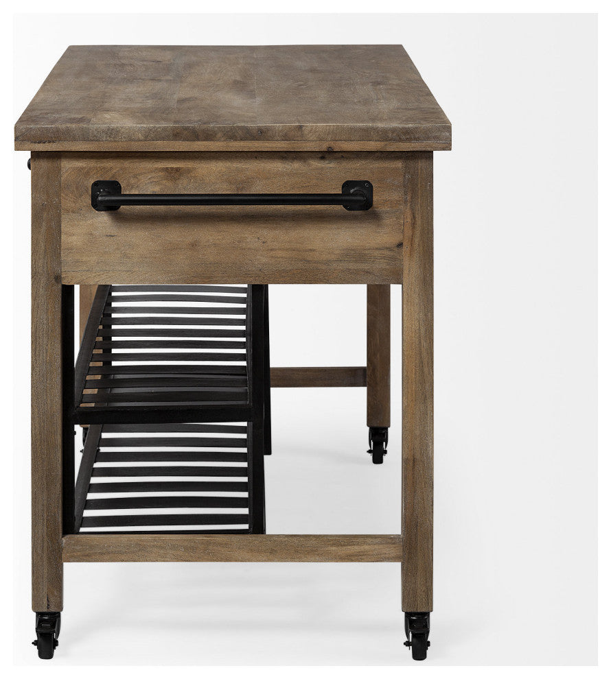 Brown Solid Wood Top Kitchen Island With Two Tier Black Metal Rolling