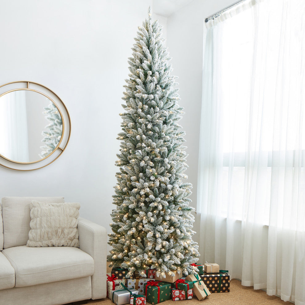 9ft Pre-Lit Flocked Pencil Fir Artificial Christmas Tree With 600 Warm Light