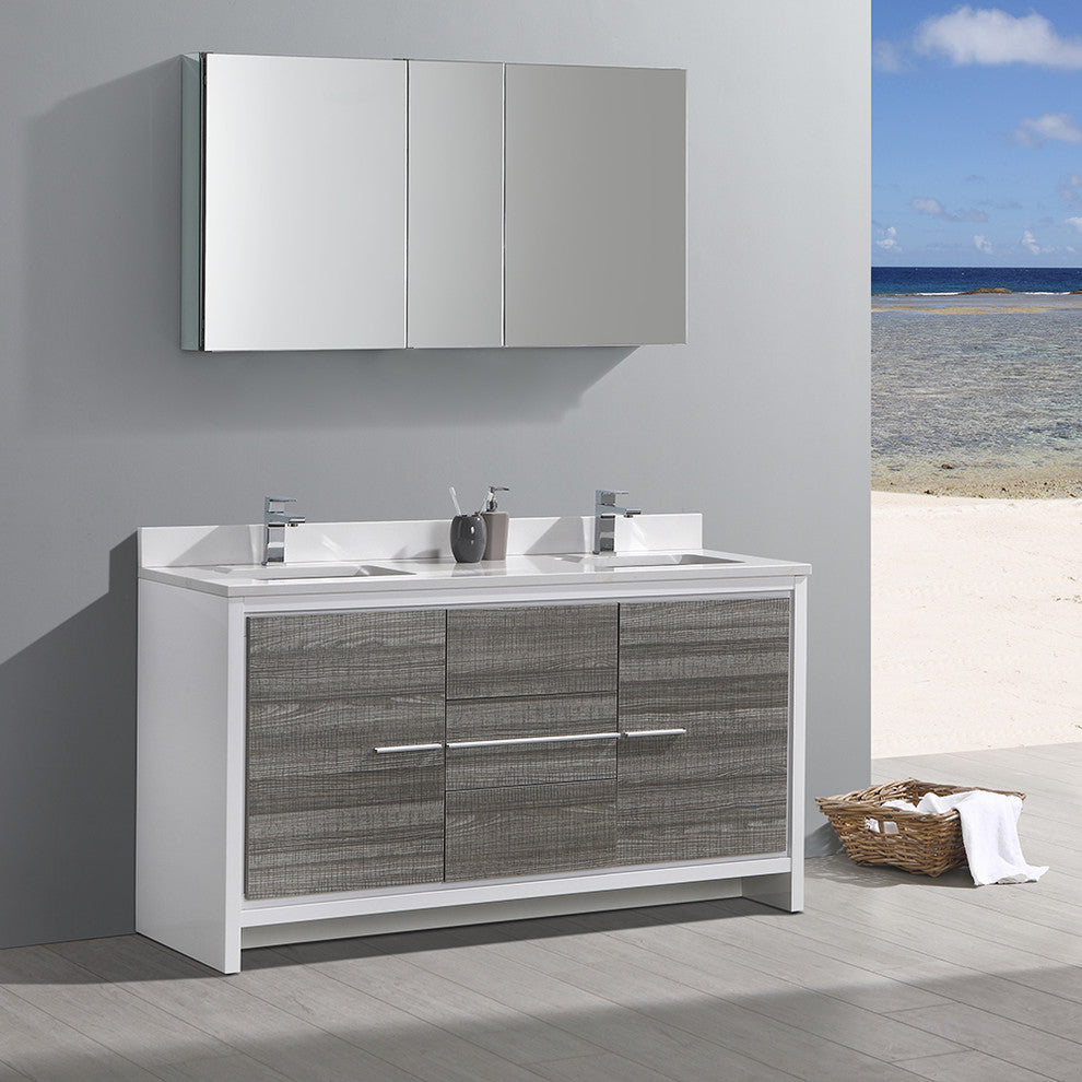 Allier Rio 60" Ash Gray Double Sink Vanity Set, Cabinet, Faucet, FFT1030CH