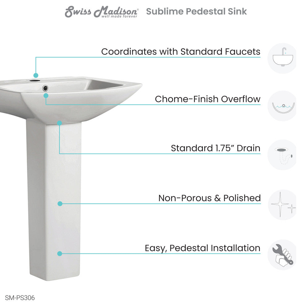 Sublime Pedestal Bathroom Sink Rectangular With Single Faucet Hole