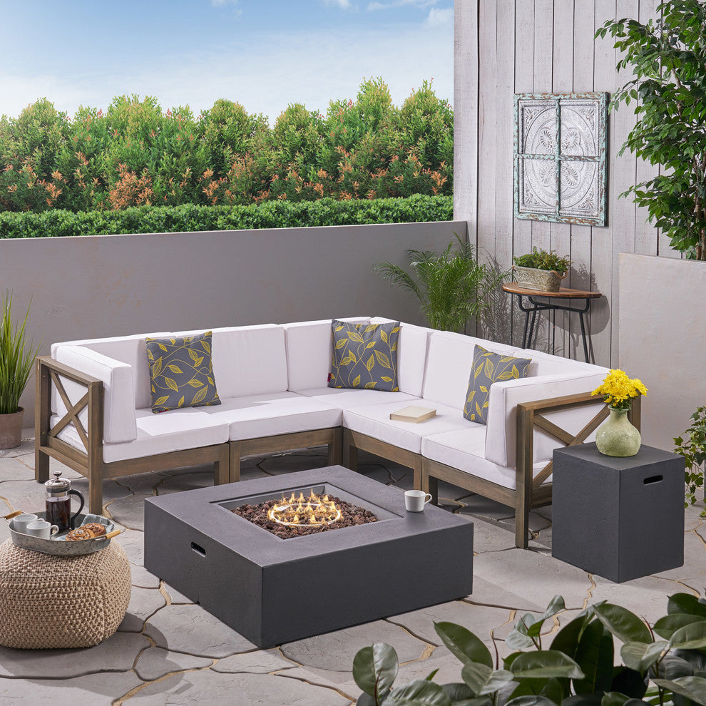 GDF Studio 7-Piece Cytheria Outdoor Sectional Acacia Wood Sofa Set With Fire Pit, Gray Finish, White, Dark Gray