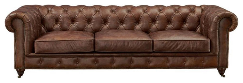 Crafters and Weavers Top Grain Vintage Leather Chesterfield Sofa Bark Brown