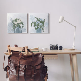 Painterly Blue Daises Flowers Plants Vase Abstract Florals, 2pc, each 17 x 17