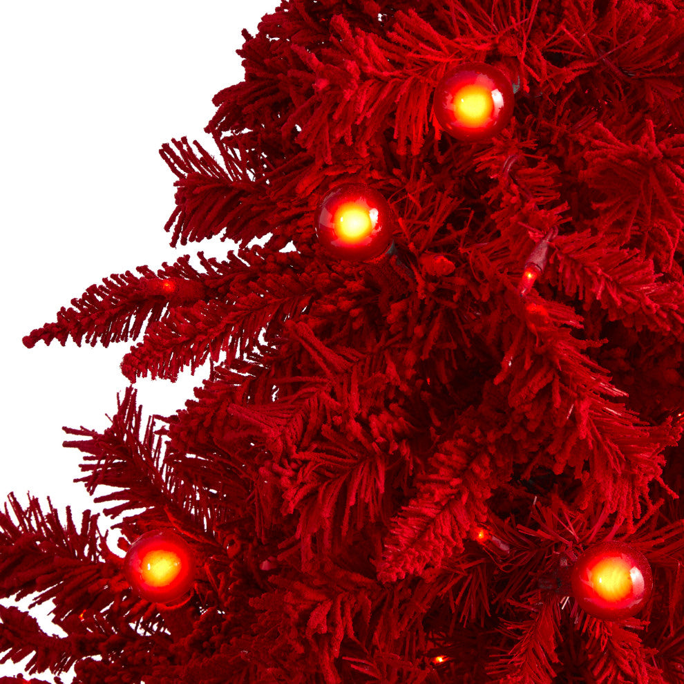 5' Red Flocked Fraser Fir Christmas Tree / 250 Red Lights, 26 Globe Bulbs