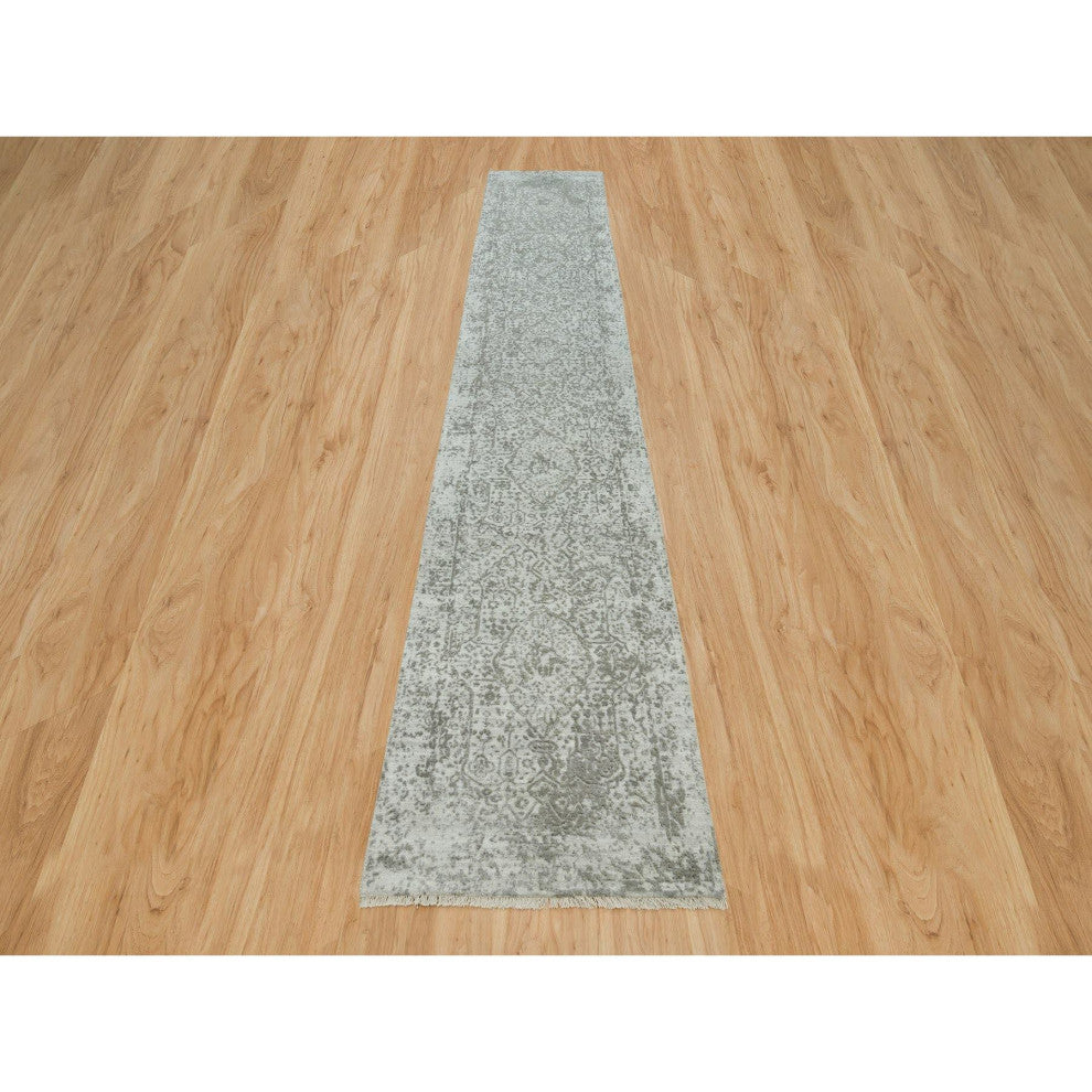 Goose Gray Zoroastrian Hand Knotted Wool and Silk XL Runner Rug, 2'6"x15'10"