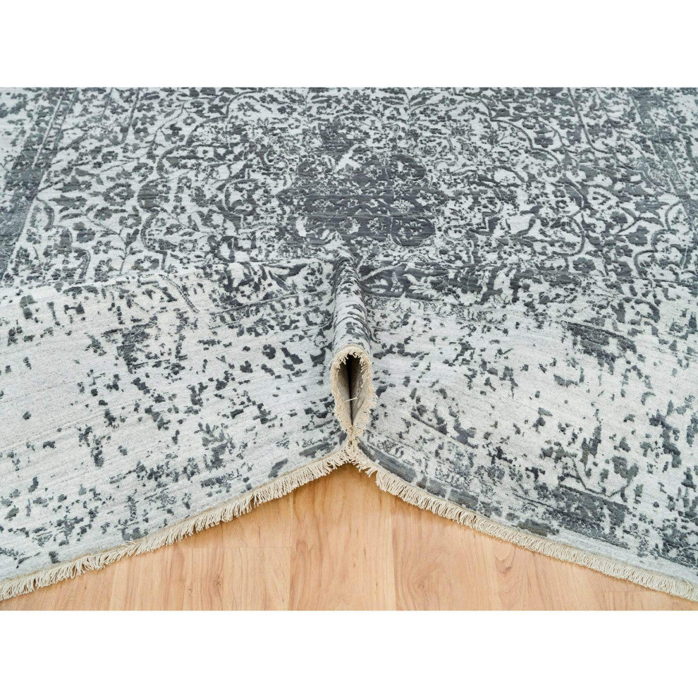 Ice Gray Wool and Silk Broken Design Hand Knotted Oriental Rug, 9'x12'2"