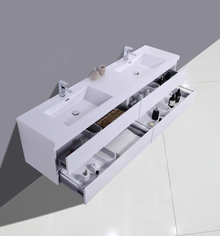 MOB 72" Double Sink Wall Mounted Vanity With Acrylic Sink, High Gloss White