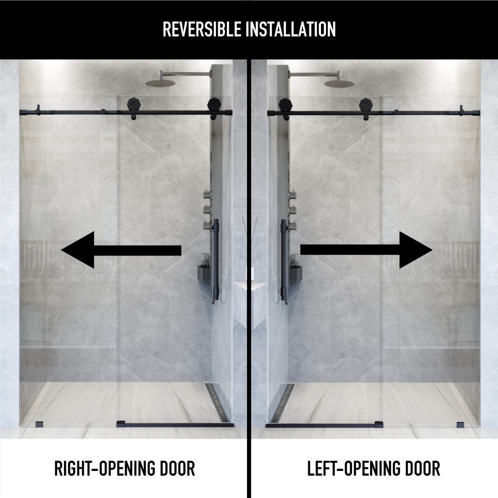 VIGO Elan Hart 56" to 60" W x 76" H Frameless Sliding Shower Door, Matte Black, Clear Glass