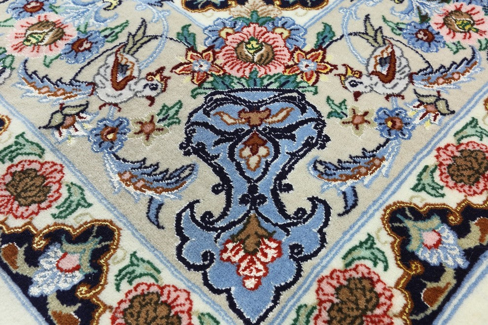 Wool and Silk Authentic Persian Hand Knotted Signed Isfahan Area Rug, 5'x8'