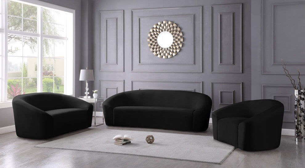 Riley Velvet Upholstered Rounded Loveseat, Black
