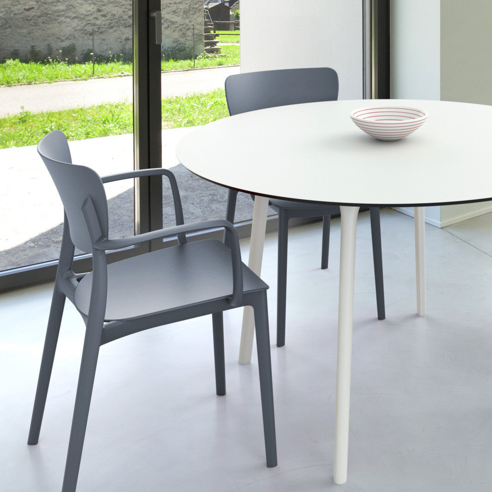 Lisa Round Dining Set With 47" White Table and Dark Gray Armcairs