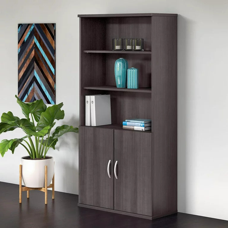 Contemporary Bookcase, Open Shelves & Lower Cabinet With Metal Handles , Gray