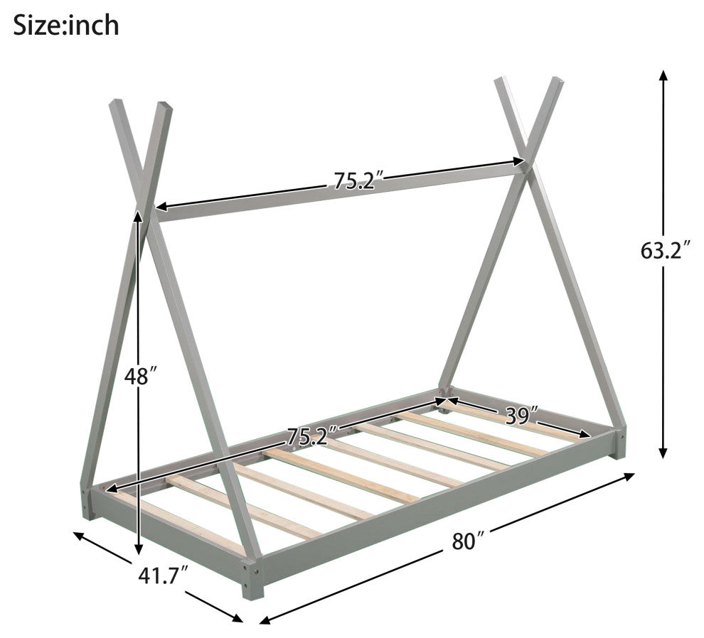 Gewnee Twin Size House Platform Bed with Triangle Structure,Gray